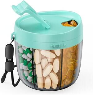 Portable Pill Dispenser, 7 Compartments, Anti-Mix Pill Organizer (Cyan)